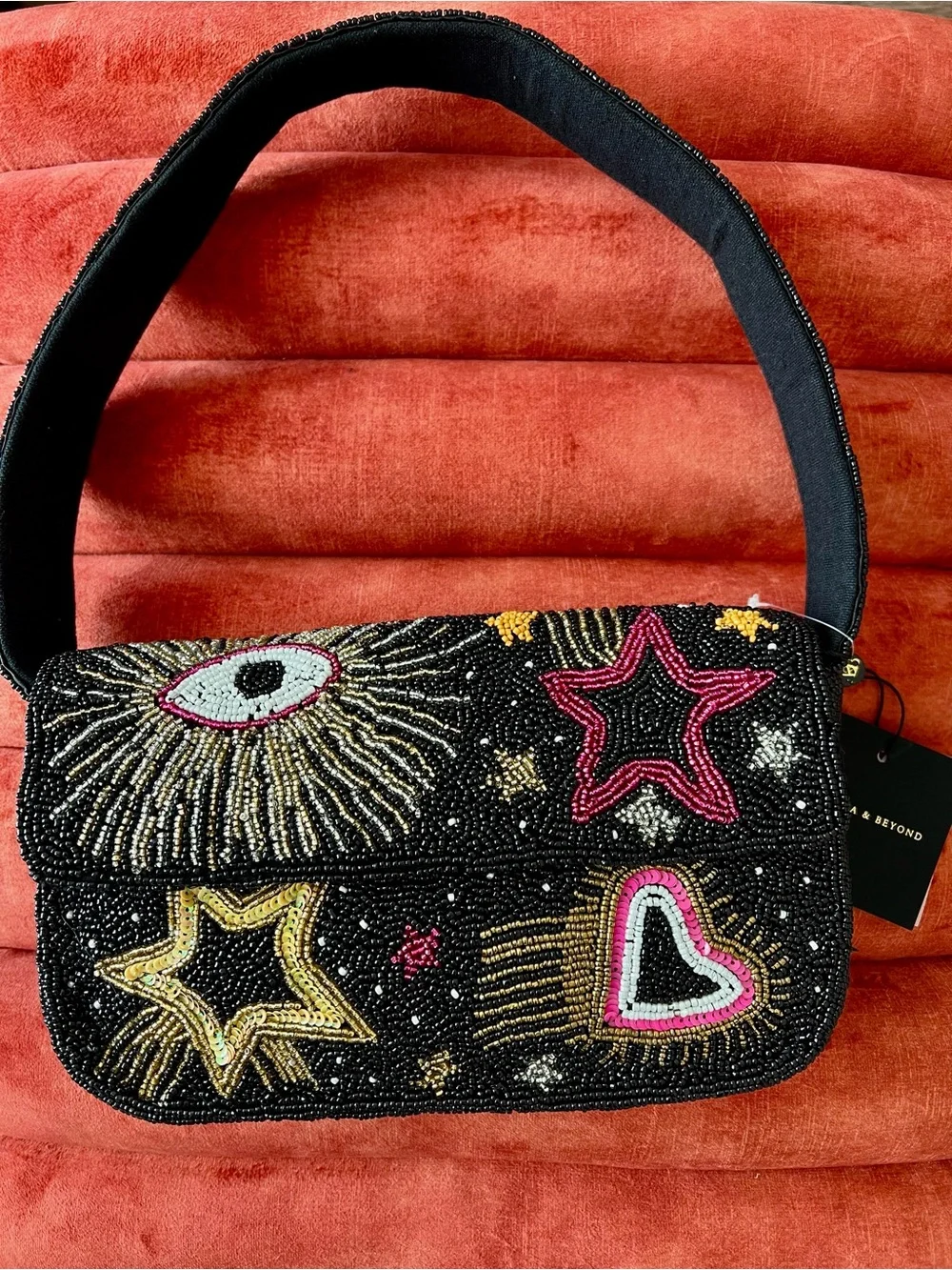 NWT America & Beyond Black Celestial Star, Eye & Heart Beaded Shoulder Bag - Picture 1 of 12